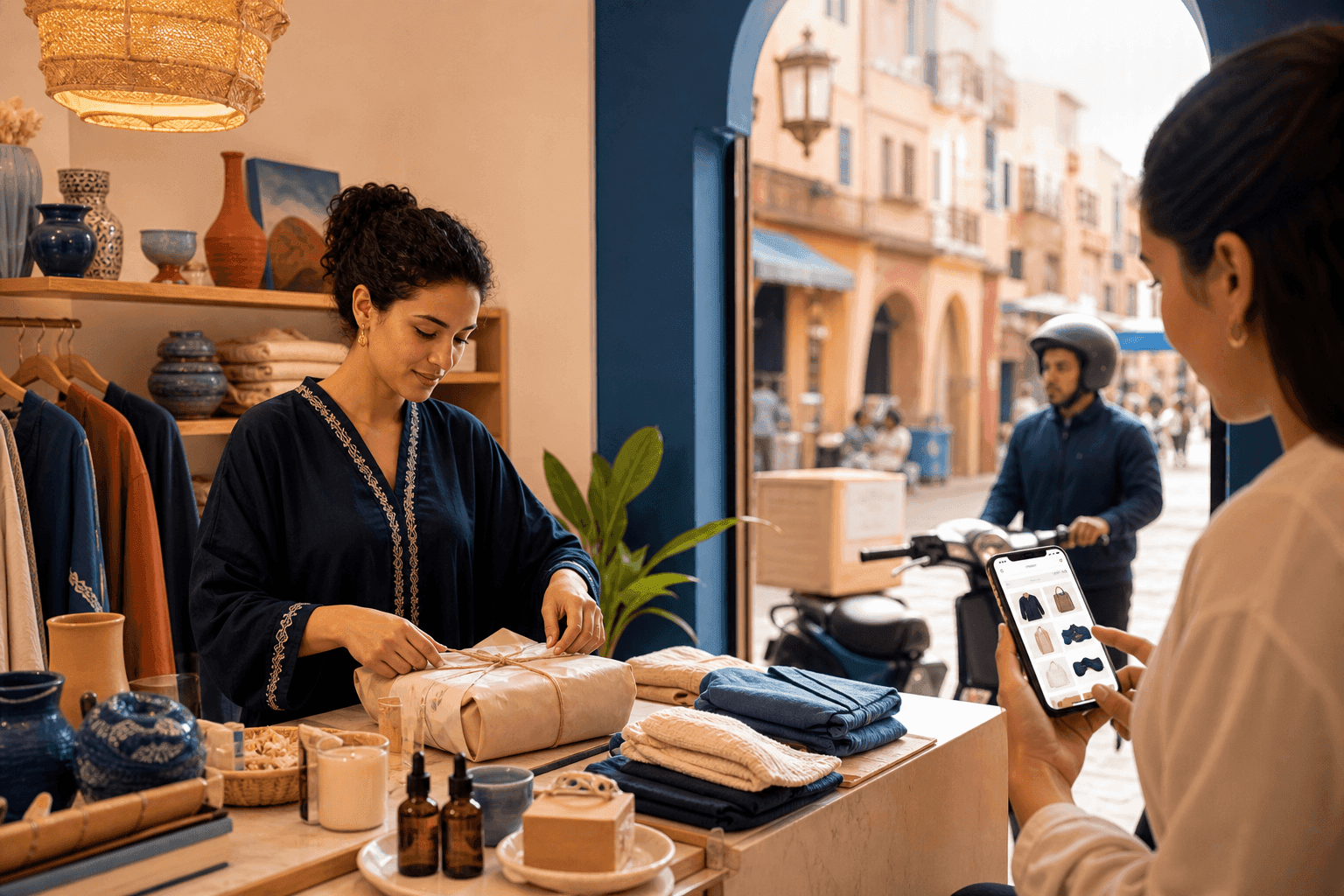 A local merchant and mobile shopper participating in a Moroccan digital marketplace